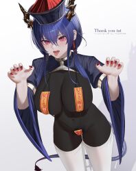Rule 34 | 1girl, arknights, bikini, bikini over clothes, black bodysuit, blue hair, bodystocking, bodysuit, breasts, ch&#039;en (arknights), cleavage, dragon girl, dragon horns, dragon tail, female pubic hair, fingernails, hair between eyes, highres, horns, japanese clothes, jiangshi, jiangshi costume, large breasts, long sleeves, looking at viewer, low twintails, nail, nail polish, navel, open mouth, pubic hair, red eyes, red nails, see-through, see-through bodysuit, sharp teeth, short hair, skin tight, skindentation, solo, string bikini, swimsuit, tail, teeth, thehprm, thighhighs, thighs, tongue, tongue out, twintails, upper teeth only, white background, white thighhighs, wide sleeves