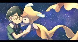 Rule 34 | 1boy, bad id, bad pixiv id, black-framed eyewear, black hair, blush, child, closed eyes, closed mouth, creatures (company), floating, full body, game freak, gen 3 pokemon, glasses, green eyes, green shirt, hand on another&#039;s face, hand up, hands up, holding hands, jirachi, jpeg artifacts, legendary pokemon, light blush, looking at another, male focus, max (pokemon), mei (maysroom), mythical pokemon, night, nintendo, open mouth, outdoors, pokemon, pokemon: jirachi: wish maker, pokemon (anime), pokemon (creature), pokemon rse (anime), shirt, shooting star, short sleeves, sideways mouth, sky, smile, star (sky), starry sky, tears, upper body