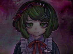 Rule 34 | 1girl, :3, black dress, blush, closed mouth, commentary, danganronpa (series), danganronpa another episode: ultra despair girls, dress, green eyes, green hair, hair ornament, hairband, hairclip, looking at viewer, neck ribbon, pink background, red ribbon, ribbon, short hair, smile, solo, spiked hairband, spikes, towa monaca, upper body, v1v404