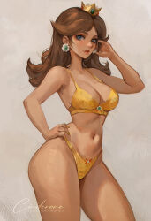 Rule 34 | 1girl, blue eyes, bra, breasts, brown hair, cinderone, crown, earrings, hand on own hip, highres, jewelry, large breasts, legs, lingerie, lips, looking at viewer, mario (series), medium hair, navel, nintendo, panties, parted bangs, parted lips, princess daisy, seductive smile, signature, smile, solo, stomach, super mario land, thick thighs, thighs, underwear, underwear only, wide hips, yellow bra, yellow panties