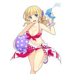 Rule 34 | 1girl, amelie mcgregor, ball, beachball, bikini, blonde hair, blue eyes, bracelet, braid, breasts, carrying, cleavage, french braid, front-tie top, gun, halterneck, halterneck, holding, holding gun, holding weapon, jewelry, leg up, legs up, long hair, looking at viewer, medium breasts, mmu, navel, official art, open mouth, ponytail, round teeth, sandals, sarong, smile, solo, standing, standing on one leg, swimsuit, teeth, transparent background, uchi no hime-sama ga ichiban kawaii, water gun, wavy hair, weapon