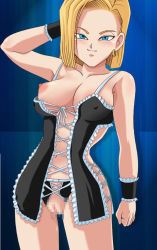 Rule 34 | 1girl, android, android 18, black panties, blonde hair, blue eyes, blush, breasts, censored, corset, cosplay, dangerous bustier (dq), dragon ball, dragon quest, dragon quest viii, dragonball z, earrings, frills, jessica albert, jewelry, large breasts, lingerie, looking at viewer, mosaic censoring, nipple slip, nipples, panties, pussy, pussy juice, short hair, smile, solo, standing, trinitron cg, underwear