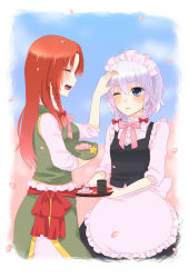 Rule 34 | 2girls, apron, beret, blue eyes, bow, braid, buttons, charisma guard, cherry blossoms, china dress, chinese clothes, chitose (usacan), closed eyes, cowering, cup, dress, female focus, food, frills, hat, hong meiling, izayoi sakuya, maid, maid apron, maid headdress, multiple girls, one eye closed, open mouth, pastry, red hair, remilia scarlet, sleeves rolled up, star (symbol), touhou, tray, twin braids, usacan, wagashi, white hair, wink