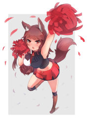 Rule 34 | 1girl, :o, absurdres, alternate costume, animal ears, arm up, armpits, between breasts, black shirt, black socks, blush, boots, border, breasts, brooch, brown footwear, brown hair, cheerleader, commentary, crop top, cross-laced footwear, ehrrr, eyebrows, from above, full body, grey background, high heel boots, high heels, highres, holding, imaizumi kagerou, jewelry, knee boots, knee up, kneehighs, lace-up boots, large breasts, long hair, looking at viewer, midriff, miniskirt, outside border, over-kneehighs, pom pom (cheerleading), red eyes, red skirt, shirt, skirt, sleeveless, socks, solo, standing, standing on one leg, stomach, tail, tassel, thighhighs, touhou, white border, wolf ears, wolf tail