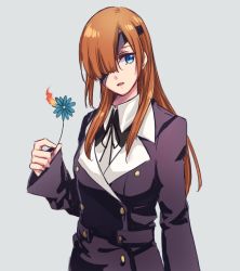 Rule 34 | 1girl, black jacket, blue eyes, blue flower, brown hair, eyepatch, fate/grand order, fate (series), fire, floating hair, flower, grey background, hair over one eye, head tilt, holding, holding flower, jacket, long hair, long sleeves, looking at viewer, nm222, open mouth, ophelia phamrsolone, simple background, solo, standing, upper body, very long hair