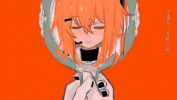 Rule 34 | 1girl, 2974358920, a.i. voice, adachi rei, apricot (vocaloid), black shirt, blush, chinese commentary, closed eyes, closed mouth, commentary request, facing viewer, gloves, hair ornament, hair ribbon, hairclip, hand mirror, holding, holding mirror, lyrics, mirror, one side up, orange background, orange hair, pov, pov hands, ribbon, shirt, simple background, smile, straight-on, through medium, through mirror, two-handed, utau, white gloves, white ribbon