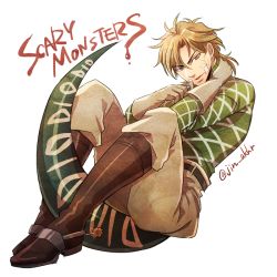 Rule 34 | 1boy, bandages, bandage on face, blonde hair, boots, brown eyes, diego brando, gloves, green shirt, jin akhr, jojo no kimyou na bouken, male focus, scary monsters (stand), shirt, solo, spurs, stand (jojo), steel ball run, tail, twitter username