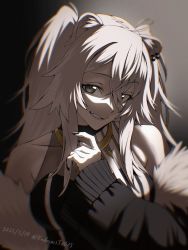 Rule 34 | 1girl, ahoge, animal ears, bare shoulders, black jacket, black shirt, breasts, cleavage, crop top, dated, ear piercing, fur-trimmed jacket, fur trim, grey eyes, grey hair, grin, hair between eyes, hand up, head tilt, highres, hololive, jacket, jewelry, kadainist, large breasts, lion ears, lion girl, long hair, looking at viewer, messy hair, necklace, off shoulder, parted lips, piercing, see-through, see-through cleavage, shirt, shishiro botan, shishiro botan (1st costume), sidelocks, signature, sleeveless, sleeveless shirt, smile, solo, twitter username, two side up, virtual youtuber