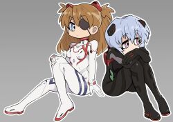 Rule 34 | 2girls, artist request, ass, ayanami rei, black bodysuit, blue eyes, bodysuit, breasts, chibi, evangelion: 3.0+1.0 thrice upon a time, fetal position, grey background, highres, interface headset, long hair, looking at viewer, looking to the side, medium breasts, multiple girls, neon genesis evangelion, pilot suit, plugsuit, rebuild of evangelion, shiny clothes, short hair, sitting, small breasts, souryuu asuka langley, tsundere, twintails, very long hair, white bodysuit