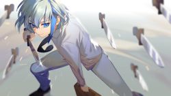 Rule 34 | 1boy, aqua hair, black necktie, blue eyes, blue hair, blurry, bob cut, briefcase, collared shirt, depth of field, fighting stance, floating, floating object, floating weapon, from above, harrymiao, highres, holding, holding briefcase, holding sword, holding weapon, khun aguero agnis, legs apart, long sleeves, looking at viewer, male focus, multicolored hair, necktie, pants, shirt, shoes, short sword, silver hair, smile, solo, squatting, standing, streaked hair, sword, tower of god, weapon, white pants, white shirt