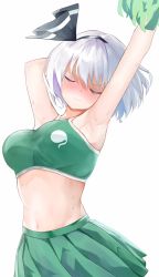 Rule 34 | 1girl, 258n, absurdres, adapted costume, arm behind head, armpits, arms up, black hairband, blush, breasts, cheerleader, closed eyes, commentary, crop top, embarrassed, facing viewer, green skirt, hairband, highres, konpaku youmu, medium breasts, midriff, nose blush, pleated skirt, pom pom (cheerleading), short hair, silver hair, simple background, skirt, solo, sweat, touhou, wavy mouth, white background