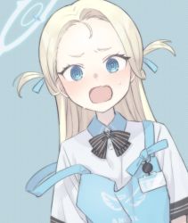 Rule 34 | 1girl, @ @, apron, black bow, black bowtie, blonde hair, blue apron, blue archive, blue background, blue eyes, blue ribbon, bow, bowtie, collared shirt, fang, forehead, hair ribbon, hakuhatsu, halo, highres, id card, long hair, looking at viewer, open mouth, parted bangs, ribbon, shirt, short eyebrows, short sleeves, skin fang, solo, sora (blue archive), strap slip, striped bow, striped bowtie, striped clothes, sweat, two side up, upper body, white shirt