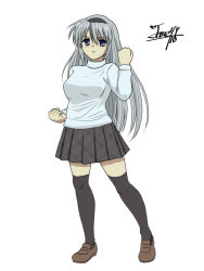Rule 34 | black thighhighs, brown footwear, clannad, clenched hands, dated, hairband, long hair, pleated skirt, sakagami tomoyo, shoes, silver hair, simple background, skirt, solo, tare-katsu, thighhighs, turtleneck, white background