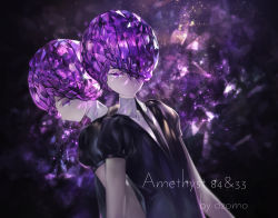 Rule 34 | amethyst (houseki no kuni), androgynous, artist name, azomo, back-to-back, black neckwear, black shirt, braid, character name, collared shirt, gender request, hair over one eye, highres, houseki no kuni, looking at viewer, looking back, necktie, one eye covered, puffy short sleeves, puffy sleeves, purple eyes, purple hair, shirt, short hair, short sleeves, siblings, twins, white shirt, wing collar