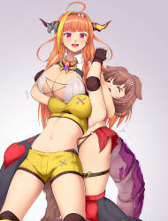 Rule 34 | 2girls, adapted costume, ahoge, animal ears, breasts, cleavage, dog ears, dog girl, dog tail, dragon girl, dragon horns, dragon tail, fighting, fingerless gloves, gloves, highres, hololive, horns, huge breasts, inugami korone, kiryu coco, multiple girls, orange hair, purple eyes, tail, virtual youtuber, wrestling, wrestling outfit, yomitrooper
