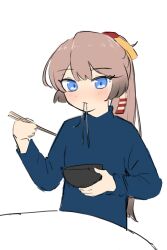 Rule 34 | 1girl, absurdres, alternate costume, blue eyes, bowl, brown hair, chopsticks, commentary request, eating, food, gradient hair, hair ribbon, highres, kantai collection, kazagumo (kancolle), long hair, multicolored hair, noodles, ponytail, ribbon, simple background, solo, tsuru (thunder tsuru), upper body, white background