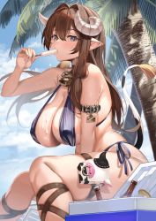 Rule 34 | 1girl, arm strap, armpits, bell, bikini, blue bikini, blue eyes, blush, bottle, breasts, brown hair, cleavage, cloud, cloudy sky, cooler, cow girl, cow tail, cowbell, curled horns, day, feet out of frame, food, food in mouth, food on body, hair between eyes, hand up, highres, holding, holding food, horns, huge breasts, long hair, looking at viewer, neck bell, original, palm tree, pointy ears, popsicle, sg (satoumogumogu), side-tie bikini bottom, sideways glance, sitting, sky, solo, swimsuit, tail, tail raised, thigh strap, thighs, tree