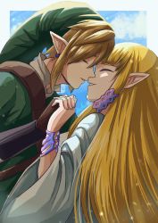 Rule 34 | 1boy, 1girl, blonde hair, blue sky, blush, closed eyes, cloud, commentary request, couple, day, earrings, eye contact, face-to-face, gloves, hat, head tilt, hetero, highres, holding, holding hands, imminent kiss, incoming kiss, jewelry, link, long hair, looking at another, nintendo, open mouth, pointy ears, princess zelda, sakuya 996, sky, smile, the legend of zelda, the legend of zelda: skyward sword