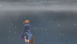 Rule 34 | 1girl, bag, black socks, blue coat, briefcase, brown hair, carrying, coat, day, facing away, from behind, girls und panzer, grey sky, horizon, nishizumi miho, ocean, outdoors, overcast, satchel, screencap, short hair, sky, snowing, socks, solo, standing, trench coat, wind, wind lift