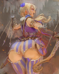 Rule 34 | arrow (projectile), ass, blonde hair, bow (weapon), bracer, highres, huge ass, kazo (kazozakazo), purple eyes, shield, thighhighs, thighs, weapon