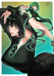 Rule 34 | 2girls, absurdres, arched back, arms up, ass, black dress, black hair, breasts, curly hair, dress, fubuki (one-punch man), green eyes, green hair, highres, juaag acgy, large breasts, long sleeves, multiple girls, one-punch man, open mouth, short hair, siblings, sisters, small breasts, smile, tatsumaki