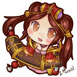 Rule 34 | 1girl, alternate costume, alternate eye color, alternate hair color, blush, breasts, brown eyes, brown hair, chibi, cleavage, detached sleeves, earrings, guqin sona, hair ornament, instrument, jewelry, league of legends, long hair, necklace, open mouth, shenren, signature, smile, solo, sona (league of legends), twintails, white background