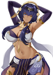 Rule 34 | 1girl, absurdres, armpits, arms behind head, arms up, bare shoulders, blue eyes, blue hair, blue shorts, blue skirt, breasts, bridal gauntlets, candace (genshin impact), cleavage, dark-skinned female, dark skin, detached sleeves, eye of horus, genshin impact, gold trim, hair ornament, hairband, halterneck, heterochromia, highres, jewelry, large breasts, looking at viewer, medium hair, navel, neck ring, sash, short shorts, shorts, sidelocks, simple background, skirt, solo, thighlet, thighs, tian kazuki, white background, yellow eyes