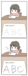 Rule 34 | 1girl, 4koma, alphabet, brown hair, chair, child, comic, commentary, highres, homework, jitome, noja, original, pencil, practicing, sitting, solo, too literal, translated, writing, you&#039;re doing it wrong