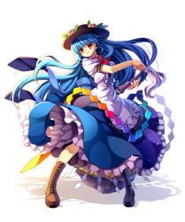 Rule 34 | 1girl, apron, blue hair, boots, bow, capura lin, cross-laced footwear, dress, female focus, food, fruit, full body, hat, hinanawi tenshi, keystone, lace-up boots, large bow, long hair, orange eyes, peach, puffy sleeves, ribbon, rock, rope, shide, shimenawa, simple background, smile, solo, standing, sword, sword of hisou, touhou, waist apron, weapon