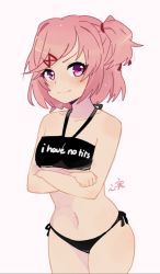 Rule 34 | 1girl, blush, breasts, doki doki literature club, hair ornament, kokomi (aniesuakkaman), looking at viewer, natsuki (doki doki literature club), navel, pink eyes, pink hair, short hair, simple background, small breasts, solo, swimsuit, twintails, white background