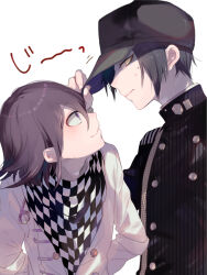 Rule 34 | 2boys, 3103vv, arm belt, arms behind back, baseball cap, belt, black hair, black hat, black jacket, black scarf, black sleeves, buttons, checkered clothes, checkered scarf, closed mouth, collared jacket, collared shirt, commentary request, danganronpa (series), danganronpa v3: killing harmony, double-breasted, eye contact, eyelashes, face-to-face, fingernails, hand on headwear, hat, high collar, highres, jacket, layered sleeves, leaning forward, long sleeves, looking at another, male focus, motion lines, multiple boys, oma kokichi, partial commentary, pinstripe jacket, pinstripe pattern, purple eyes, purple hair, saihara shuichi, scarf, shirt, short hair, simple background, smile, sweat, two-tone scarf, upper body, wavy mouth, white background, white belt, white jacket, white scarf, white shirt, yellow eyes