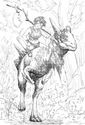 Rule 34 | 1girl, :q, android, blush, breasts, cleavage, closed mouth, commentary, dinosaur, forest, greyscale, highres, holding, holding stick, jewelry, large breasts, loincloth, monochrome, nature, navel, necklace, original, outdoors, rabbit, riding, sandals, short hair, smile, solo, stick, tongue, tongue out, tooth necklace, y naf