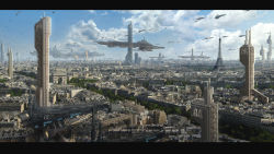 Rule 34 | absurdres, building, city, cityscape, eiffel tower, highres, letterboxed, no humans, original, paris, realistic, scenery, science fiction, spacecraft, theuncannyken, tower