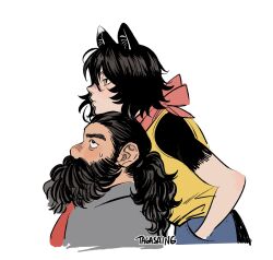 Rule 34 | 1boy, 1girl, bapogichi, beard, black fur, body fur, cat girl, chin rest, cropped torso, dungeon meshi, dwarf, facial hair, from side, half-closed eyes, hand in pocket, head on head, head rest, highres, izutsumi, long beard, looking at another, mismatched animal ear colors, mustache, neck warmer, necktie, official alternate costume, profile, senshi (dungeon meshi), thick mustache, unamused