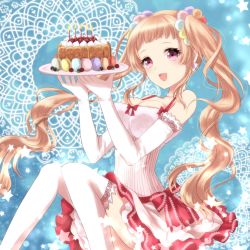 Rule 34 | 1girl, :d, bad id, bad pixiv id, bare shoulders, blonde hair, breasts, cake, candle, earrings, elbow gloves, female focus, food, gloves, hair ornament, jewelry, long hair, nunucco, open mouth, original, pink eyes, plate, sitting, smile, solo, star (symbol), thighhighs, twintails, white thighhighs