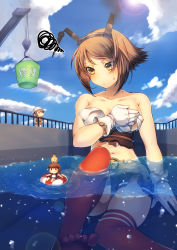 Rule 34 | 10s, 3girls, 46cm triple gun mount, absurdres, blush, breasts, brown eyes, brown hair, bubble, bucket, cleavage, cloud, collarbone, covering one breast, covering privates, crane (machine), damage control crew (kancolle), damaged, day, embarrassed, fairy, fairy (kancolle), giant, giantess, gloves, headgear, highres, kantai collection, large breasts, lens flare, midriff, mk, multiple girls, mutsu (kancolle), navel, outdoors, panties, pantyshot, partially submerged, partially underwater shot, railing, red legwear, repair bucket, short hair, sitting, sky, solo focus, spoken squiggle, squiggle, striped clothes, striped legwear, striped thighhighs, sweat, thighhighs, torn clothes, underwater, underwear, white gloves, white panties
