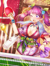 Rule 34 | 1girl, ball, blue flower, blue rose, blush, bottle, breasts, cleavage, earrings, flower, hair flower, hair ornament, japanese clothes, jewelry, kimono, large breasts, milk bottle, momohime ryouran! sengoku asuka, nanase chiori, obi, official art, one eye closed, open mouth, original, paddle, pink kimono, print kimono, purple eyes, purple flower, purple hair, purple rose, rose, sash, solo, suzu hime, sweatdrop, table tennis, table tennis ball, table tennis paddle, tied kimono, twintails, wince