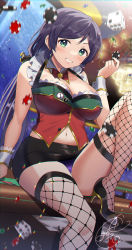 Rule 34 | 1girl, absurdres, bare arms, bare shoulders, black skirt, black thighhighs, blush, bow, bowtie, breasts, casino, casino card table, cleavage, detached collar, dice, fishnet thighhighs, fishnets, frilled straps, green eyes, grin, high heels, highres, kazepana, large breasts, long hair, looking at viewer, love live!, love live! school idol festival, love live! school idol project, low twintails, microskirt, navel, on table, panties, parted bangs, pencil skirt, poker chip, purple hair, purple panties, red bow, red bowtie, shirt, sitting, skirt, sleeveless, sleeveless shirt, smile, solo, swept bangs, table, thighhighs, thighs, tojo nozomi, traditional bowtie, twintails, underwear, upskirt, wing collar, wrist cuffs