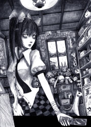 Rule 34 | 1girl, amazon (company), bandages, book, checkered clothes, checkered skirt, female focus, furby, greyscale, hane (azelye), hat, hata-tan (rui (hershe)), himekaidou hatate, looking back, monochrome, navel, necktie, photo (object), pyonta, shirt, short sleeves, skirt, snow, solo, stuffed animal, stuffed toy, teddy bear, touhou, twintails, unbuttoned, window, winter