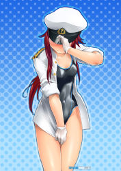 Rule 34 | 10s, 1girl, black one-piece swimsuit, blue background, blush, buttons, competition school swimsuit, covering privates, covering crotch, embarrassed, female admiral (kancolle), flipped hair, glasses, gloves, halftone, halftone background, hand on headwear, hat, hat over eyes, kantai collection, long hair, military, military uniform, nose blush, one-piece swimsuit, open clothes, original, outline, peaked cap, red hair, school swimsuit, shirt tug, sidelocks, sleeves rolled up, sweatdrop, swimsuit, swimsuit under clothes, uniform, very long hair, white gloves, yagisaka seto