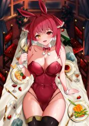 Rule 34 | 1girl, :d, alcohol, animal ears, asparagus, bare shoulders, black thighhighs, blush, bottle, bow, bowtie, breasts, chair, cleavage, commentary request, covered navel, cup, dessert, detached collar, drinking glass, earrings, fake animal ears, food, fork, fruit, glint, heterochromia, highleg, highleg leotard, highres, holding, holding cup, hololive, houshou marine, jewelry, knife, large breasts, leotard, light particles, looking at viewer, okibari yasu, open mouth, plant, plate, playboy bunny, pom pom (clothes), pom pom earrings, potted plant, rabbit ears, red bow, red bowtie, red eyes, red hair, red leotard, salmon, shrimp, sitting, smile, solo, strawberry, table, thighhighs, twintails, virtual youtuber, wrist cuffs, yellow eyes
