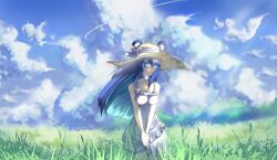 1girl absurdres animal_ears askeladdred bare_shoulders bear_ears bear_girl blue_eyes blue_hair breasts cloud dress fujikura_uruka hat highres large_breasts light_rays long_hair looking_at_viewer phase_connect scenery sky straw_hat sundress sunlight white_dress