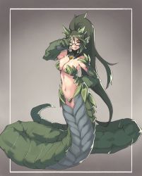 Rule 34 | 1girl, :p, adjusting eyewear, alternate hairstyle, animal hands, bare shoulders, bespectacled, black-framed eyewear, breasts, cleavage, dragon girl, fins, full body, glasses, green hair, grey background, hand on own hip, head fins, highres, horns, lamia, large breasts, long hair, looking at viewer, monster girl, monster girl encyclopedia, navel, orange eyes, ponytail, scales, semi-rimless eyewear, slit pupils, smile, solo, stomach, tongue, tongue out, very long hair, vins-mousseux, wurm (monster girl encyclopedia)