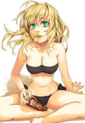Rule 34 | 1girl, aqua eyes, arm support, bad id, bad pixiv id, bags under eyes, bandeau, barefoot, bikini, black bikini, blonde hair, breasts, chips (food), cleavage, crossed legs, face, food, indian style, lips, lipstick, long hair, makeup, medium breasts, mouth hold, mustard seeds, navel, original, potato chips, pringle duck, pringles, product placement, side-tie bikini bottom, sitting, solo, swimsuit, yuuji (and)