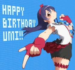 Rule 34 | 1girl, birthday, black ribbon, blue hair, bokura wa ima no naka de, bridal garter, character name, commentary request, cowboy shot, earrings, fingerless gloves, frills, from side, gloves, happy birthday, homura shinji, jewelry, long hair, looking at viewer, love live!, love live! school idol project, necktie, one eye closed, plaid, plaid background, plaid skirt, pointing, pointing at viewer, red gloves, red skirt, ribbon, shirt, short sleeves, skirt, smile, solo, sonoda umi, striped necktie, striped neckwear, white shirt, yellow eyes