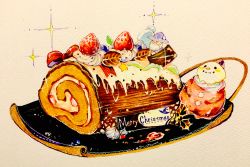 Rule 34 | absurdres, amakawa tamawo, bad id, bad pixiv id, bow, christmas, facial hair, food, food focus, fruit, hat, highres, leaf, marker (medium), merry christmas, no humans, original, purple hat, red bow, smile, snowman, star (symbol), still life, strawberry, traditional media, wizard hat, yule log (cake)