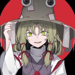 Rule 34 | 1girl, arm up, blonde hair, blurry, commentary request, depth of field, detached sleeves, fangs, grey eyes, hair between eyes, hair ribbon, hat, highres, hisha (kan moko), holding, holding clothes, holding hat, long sleeves, looking at viewer, medium hair, moriya suwako, nail polish, neckwear request, ofuda, open mouth, parted bangs, purple vest, red ribbon, ribbon, shadow, shirt, solo, touhou, turtleneck, upper body, vest, white shirt, wide sleeves, yellow eyes, yellow nails