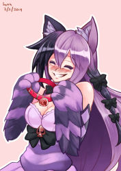 Rule 34 | 10s, 1girl, 2014, animal ears, animal hands, bare shoulders, bell, black hair, blush, bow, breasts, cat ears, cat paws, cheshire cat (alice in wonderland), cheshire cat (monster girl encyclopedia), cleavage, closed eyes, collar, dated, hair bow, large breasts, long hair, lutherniel, monster girl, monster girl encyclopedia, monster girl encyclopedia ii, multicolored hair, neck bell, purple hair, signature, smile, solo, upper body, very long hair