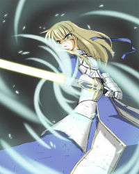 Rule 34 | 1girl, armor, armored dress, artoria pendragon (fate), bad id, bad pixiv id, blonde hair, excalibur (fate/stay night), fate/stay night, fate (series), gauntlets, glowing, glowing sword, glowing weapon, green eyes, hair down, ribbon, saber (fate), sinner, solo, sword, weapon, wind