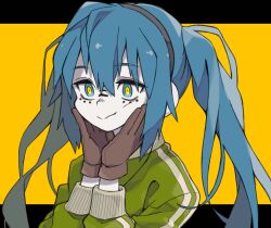 Rule 34 | 1girl, blue eyes, blue hair, brown gloves, closed mouth, facial mark, gloves, green jacket, hands on own cheeks, hands on own face, hatsune miku, headphones, highres, icon 315, jacket, long hair, long sleeves, matryoshka (vocaloid), multicolored eyes, pale skin, simple background, solo, track jacket, twintails, two-tone background, upper body, vocaloid, yellow eyes